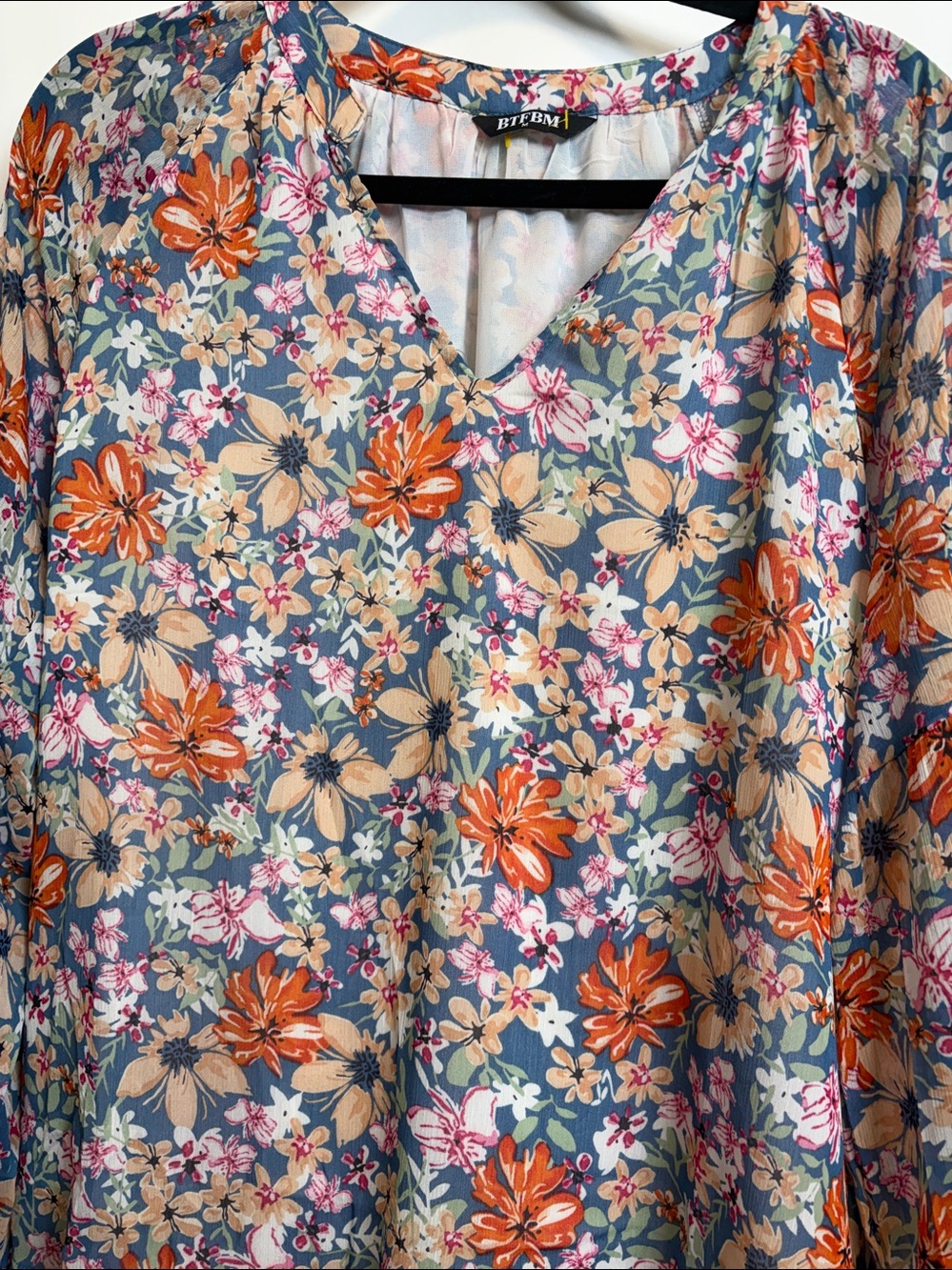 Orange and Blue Floral Long Sleeve Relaxed Blouse - Picture 3 of 13